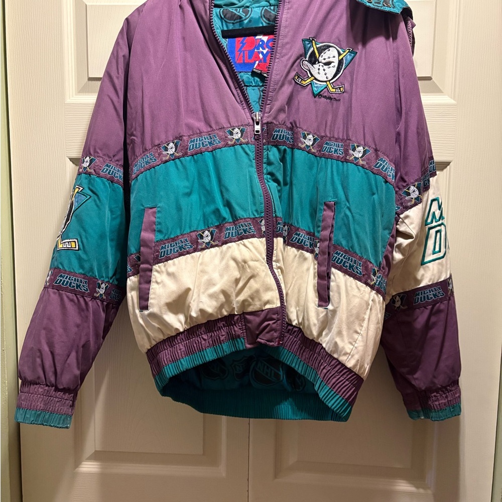 Pro Player NHL Mighty Ducks Puffer Jacket - Purple, Teal, and Cream size small